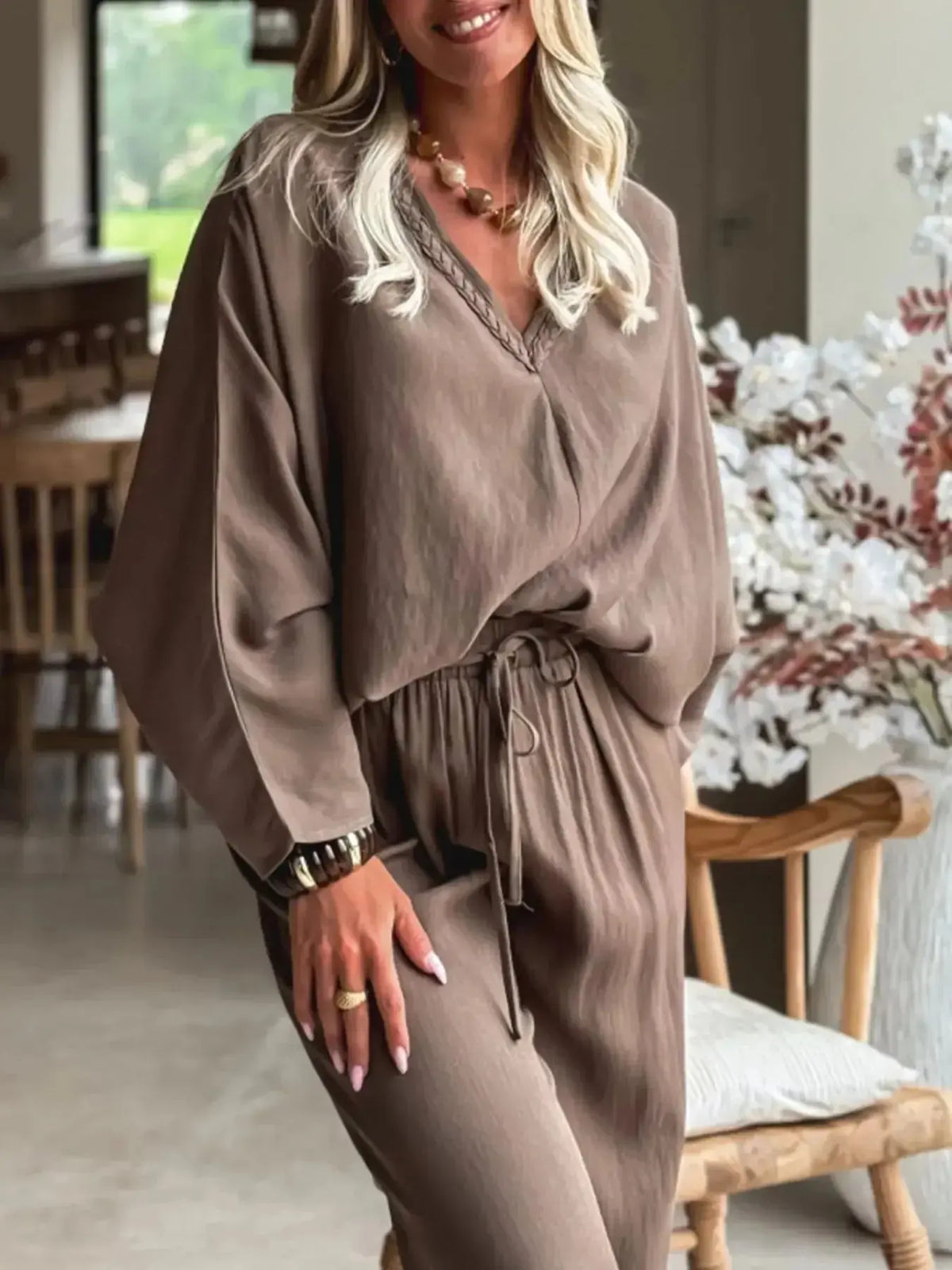 Plush Fashion Hub braided V-neck long sleeve top with high-waist pants lounge set, stylish and comfortable for casual wear.