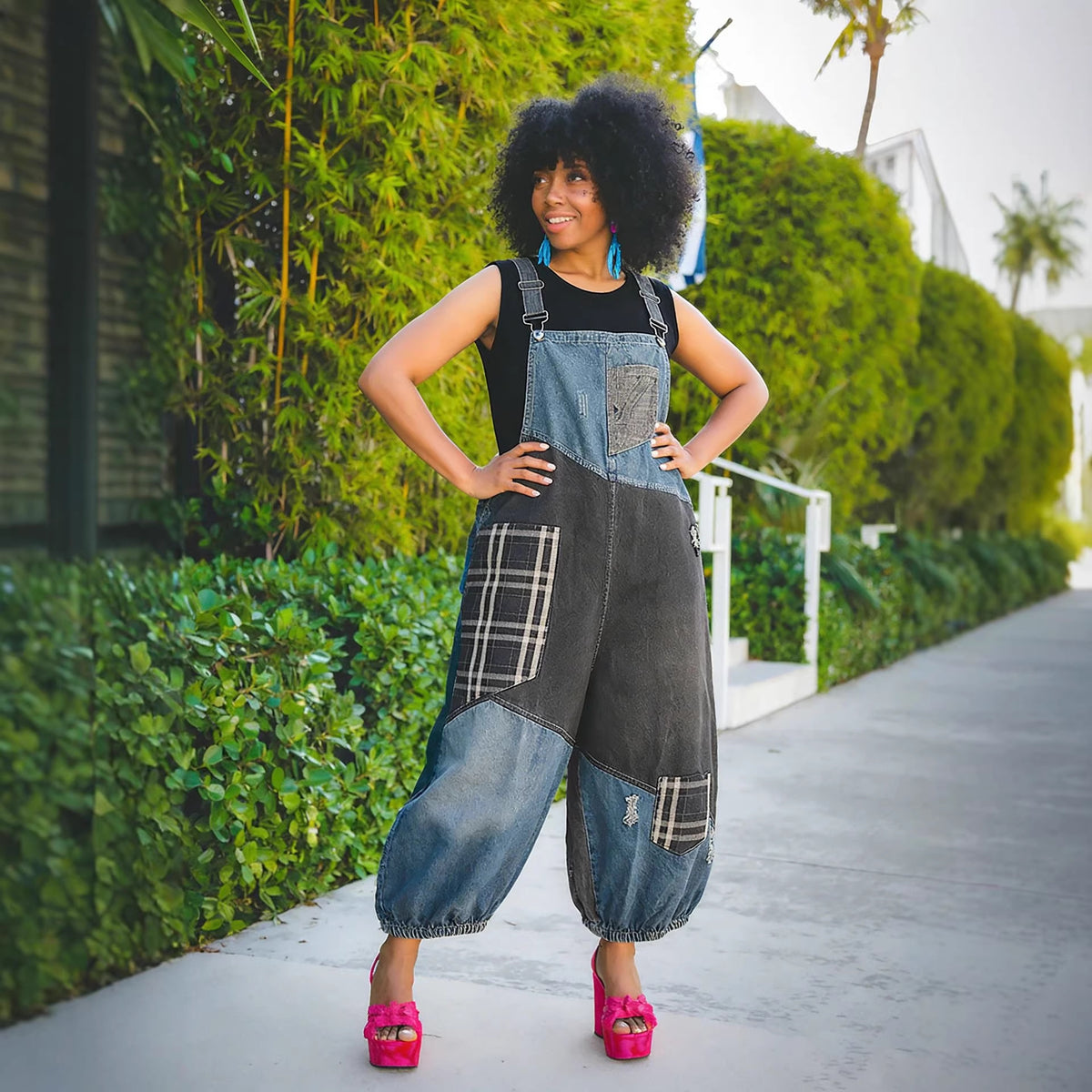 Ripped patchwork high-waisted denim overalls from Plush Fashion Hub, featuring distressed details and classic fit.