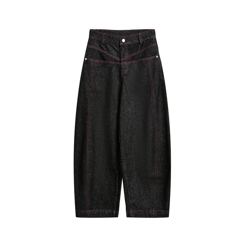 Black denim pants with wide legs, contrasting red stitching, curved yoke seams, and a front button closure.