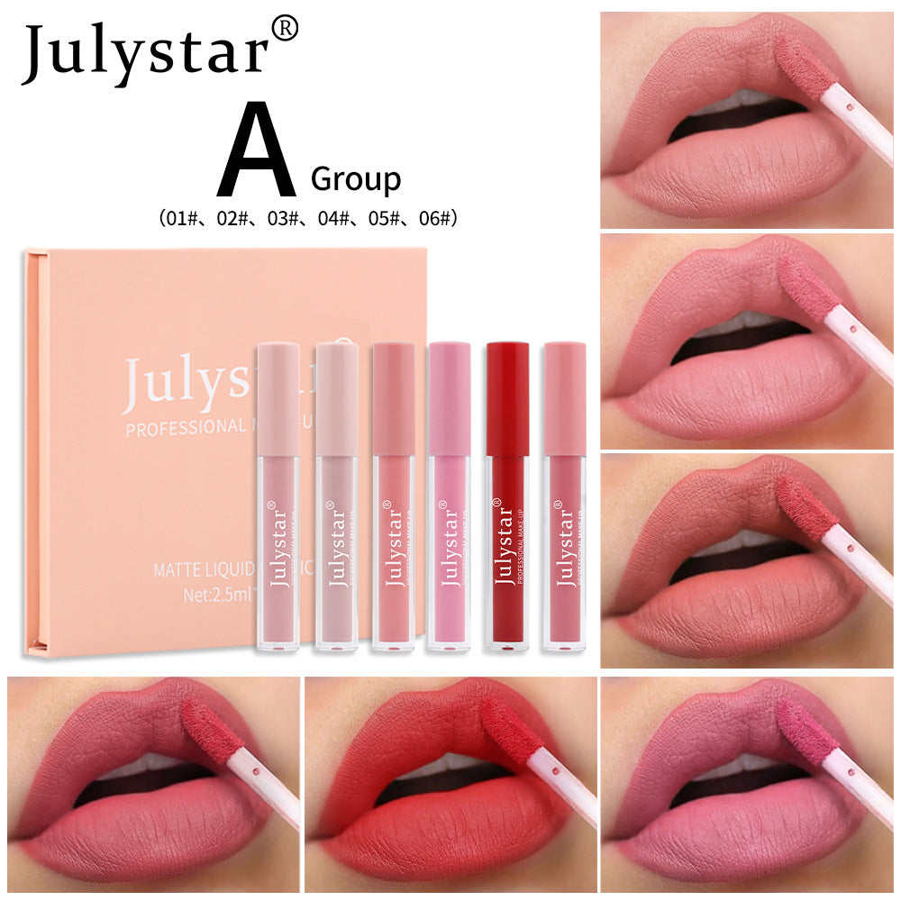 Julystar Matte Liquid Lipstick set with box, showing six shades in pink, red, and nude, displayed on lips.