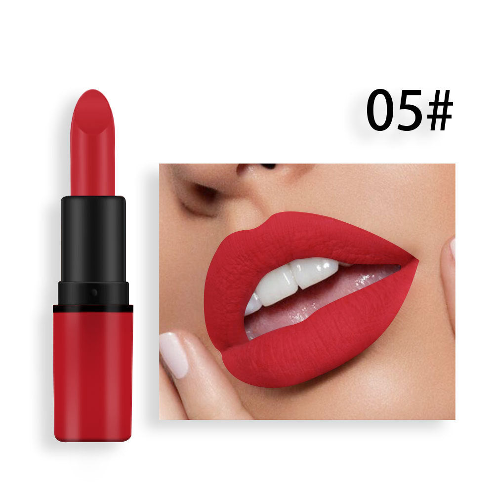 Red matte lipstick in a red and black plastic tube, shown next to lips wearing the same shade.