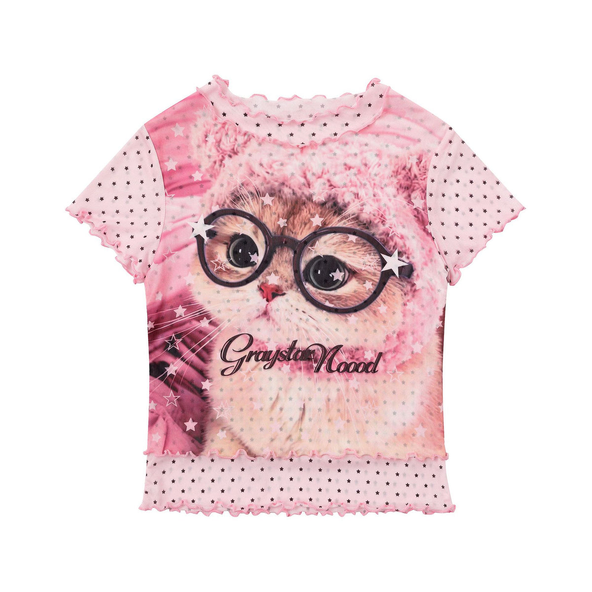 Color-blocked graffiti cartoon T-shirt by eprolo featuring ruffle details and a fitted design.