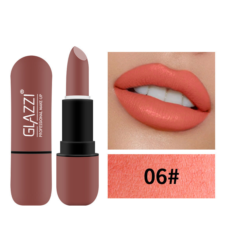 Glazzi matte pinkish orange lipstick tube with 06# shade swatch and lips.