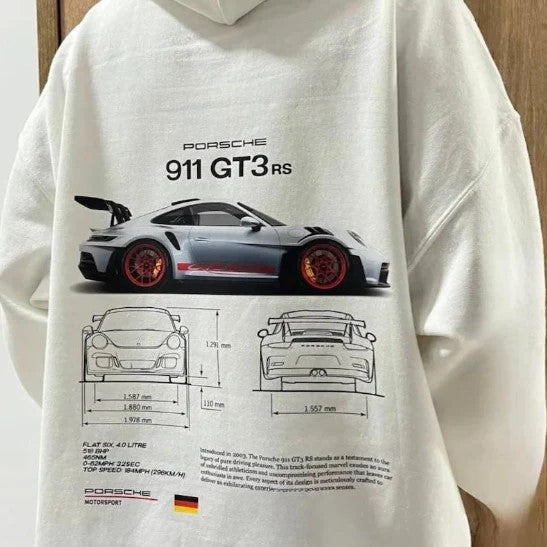 A white hoodie with a black Porsche 911 GT3 RS car print and technical text on the back.
