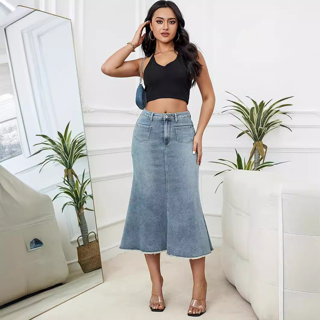 High-waisted denim A-line skirt with frayed hem, street casual style, floor-length, by eprolo.