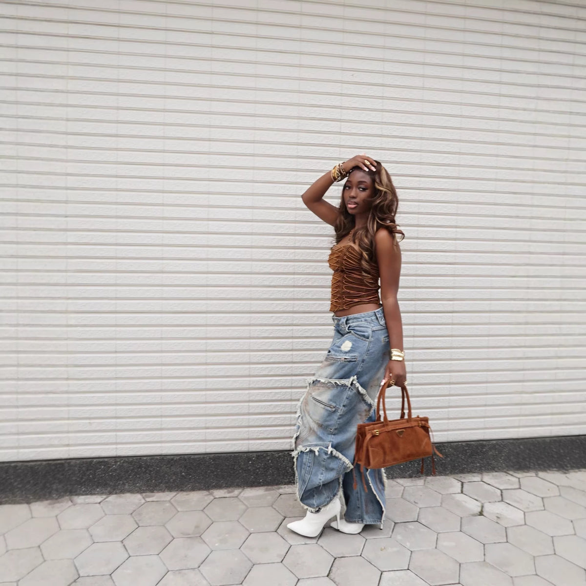 Plush Fashion Hub Wave frayed ripped edge denim jeans showing distressed detailing and classic five-pocket style.