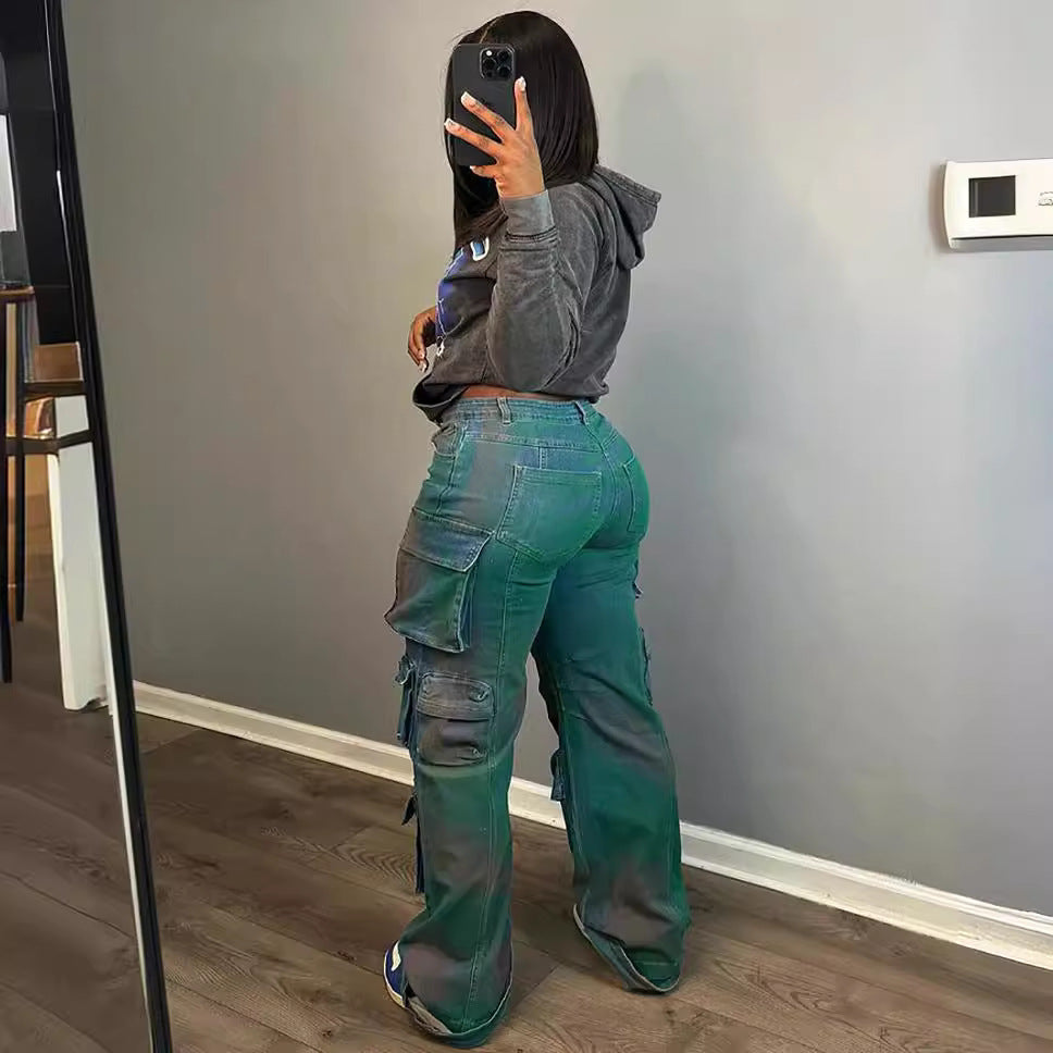Elastic fabric women's cargo pants by eprolo featuring multi-pocket design, loose wide-leg fit, and spray-dyed straight leg style.