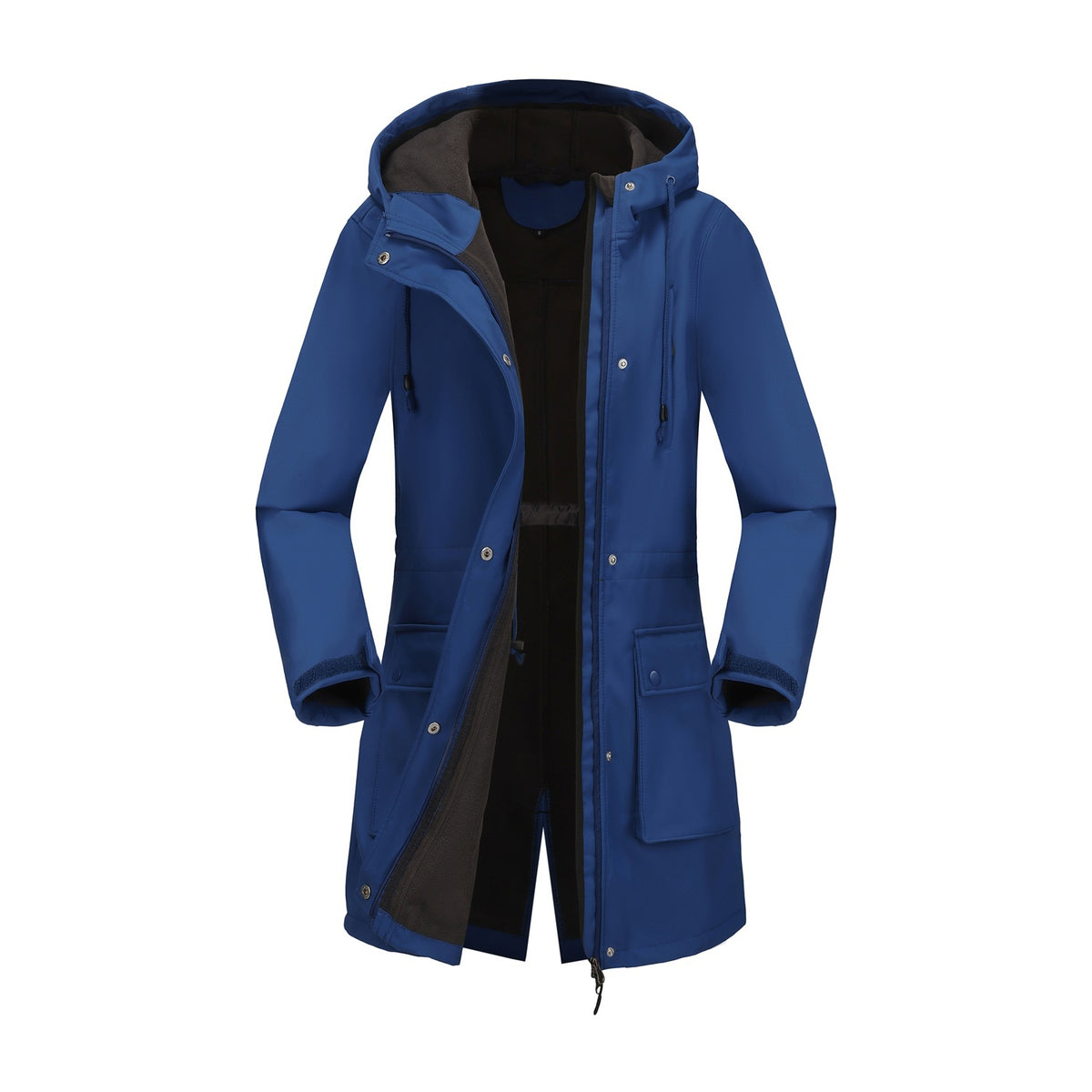 Blue hooded parka with zipper, snap buttons, pockets, and black fleece lining.