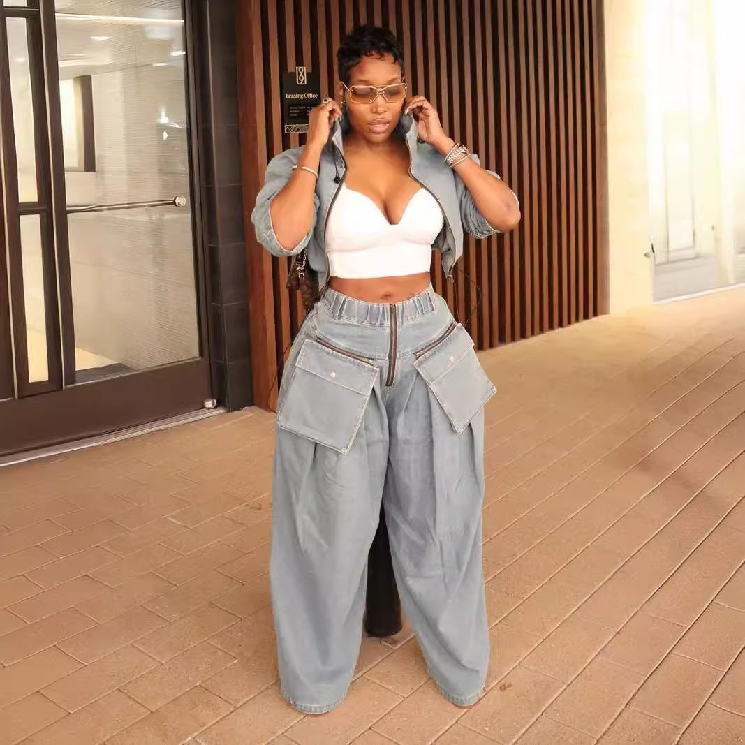 Women's retro denim two-piece outfit set featuring a short jacket and wide-leg pants, by Plush Fashion Hub.