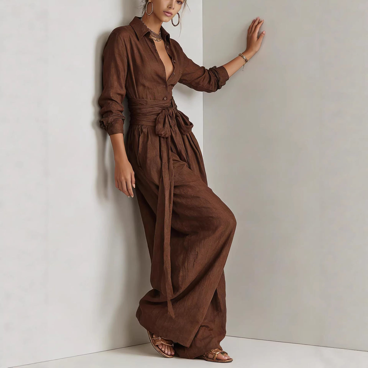 Solid color collar top and high-waisted pants two-piece outfit set from Plush Fashion Hub, shown in a stylish, coordinated look.