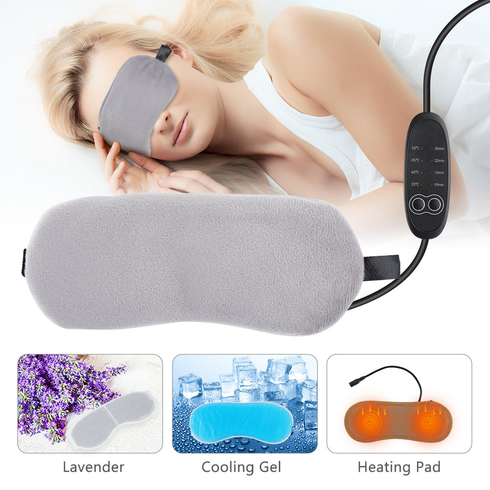 Gray plush heated sleep mask with control panel, shown on a woman and with lavender, gel, and heating pad inserts.