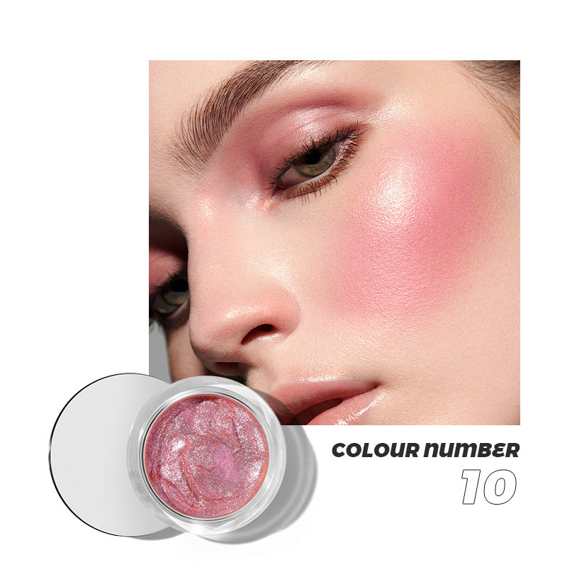A jar of shimmering pink blush in shade 10 with a model wearing matching pink makeup.