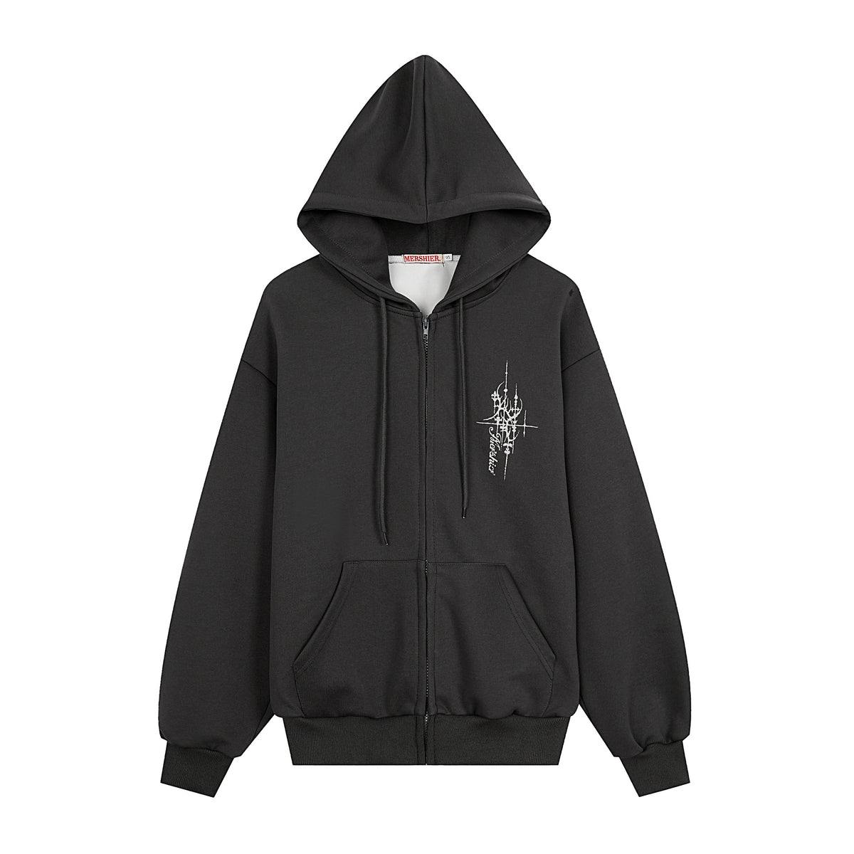 A black zip-up hoodie with a hood, drawstrings, front pockets, and a white graphic on the chest.