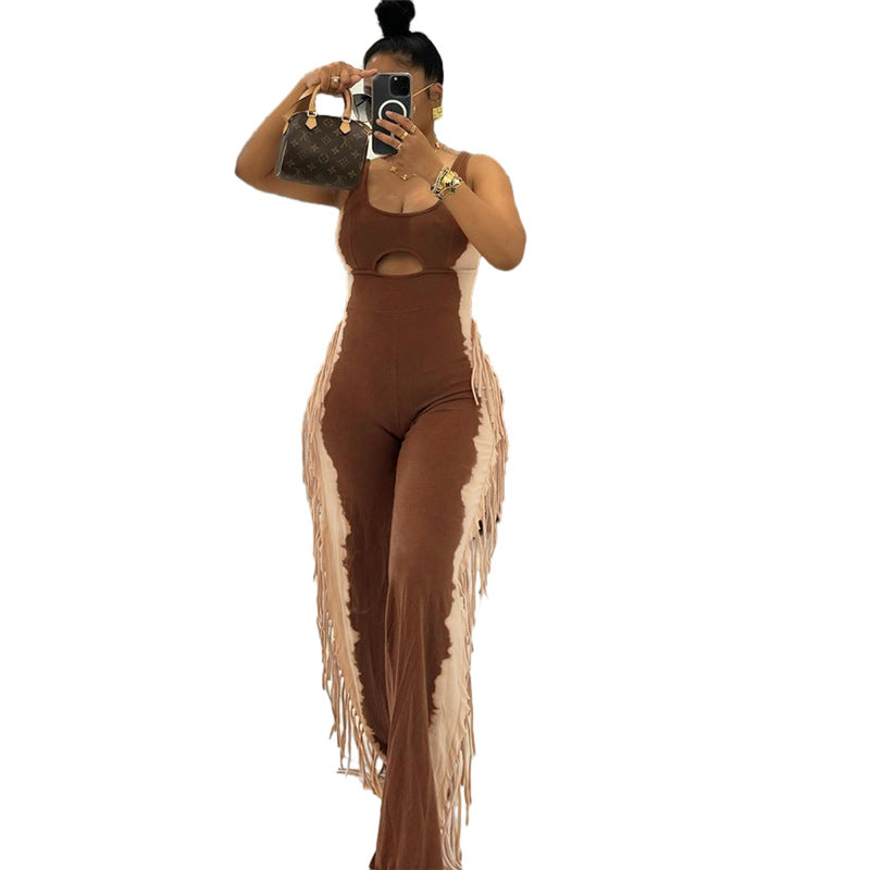 Plush Fashion Hub sleeveless tassel jumpsuit with playful tassel details and a relaxed fit, perfect for casual summer wear.