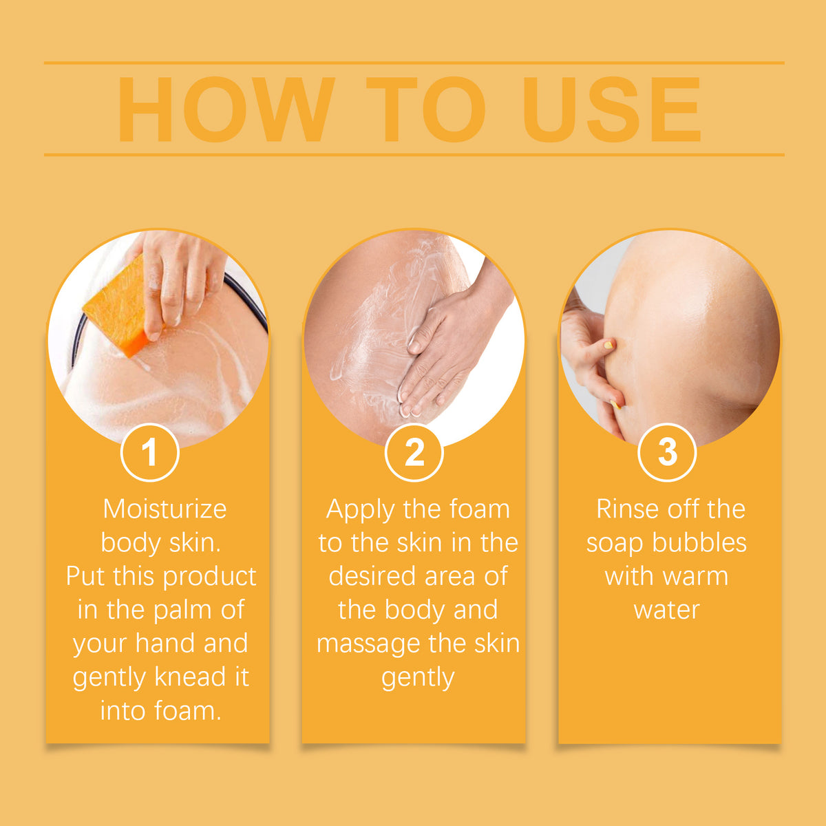 Instructions titled "HOW TO USE" with three numbered steps showing a person using a yellow bar soap to lather.