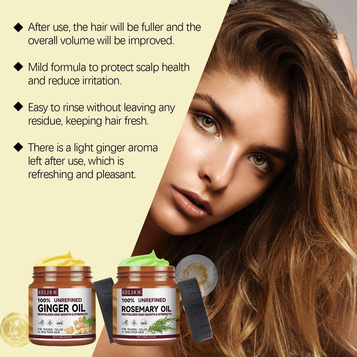 Two brown plastic jars of hair oil with yellow and green cream tops, surrounded by promotional text.
