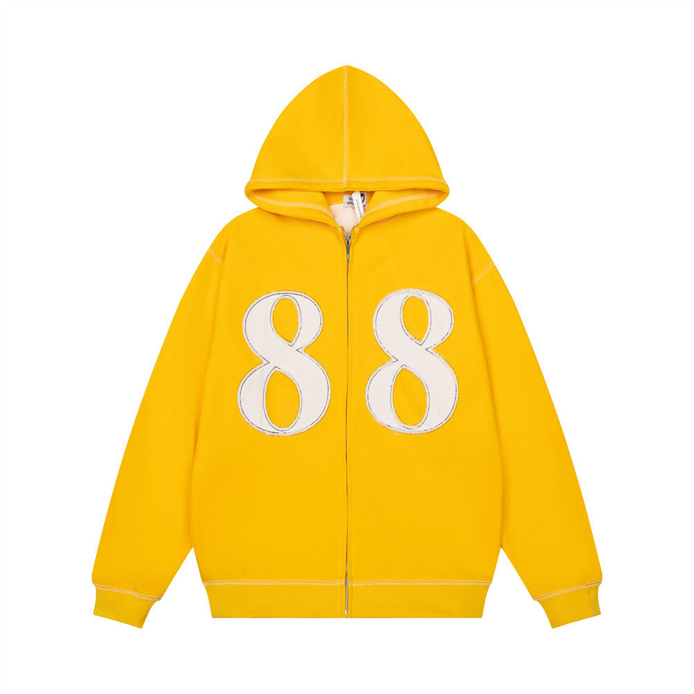 Yellow cotton zip-up hoodie featuring a white stitched number 88 on the chest.
