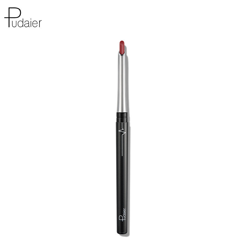 Slim matte black lipstick with a silver tip, featuring a red twist-up bullet and white heartbeat line graphic detail.