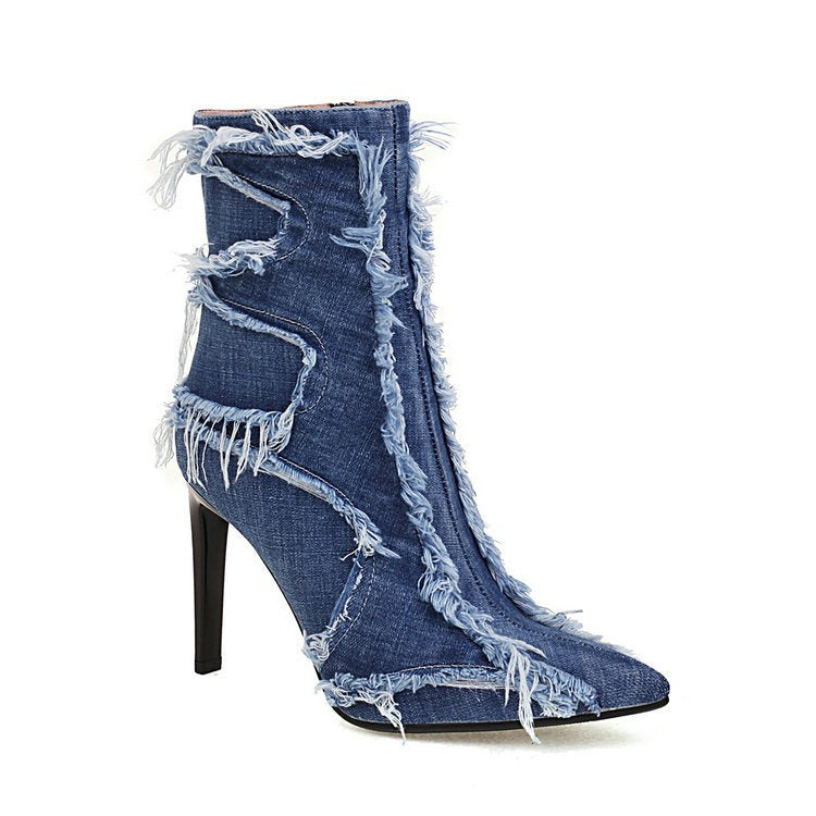 Blue denim stiletto bootie with frayed edges, pointed toe, and high heel.