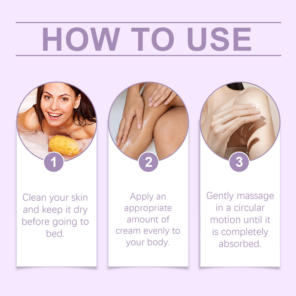 A light purple infographic titled HOW TO USE, displaying three steps with numbered circular cutouts and instructional text.