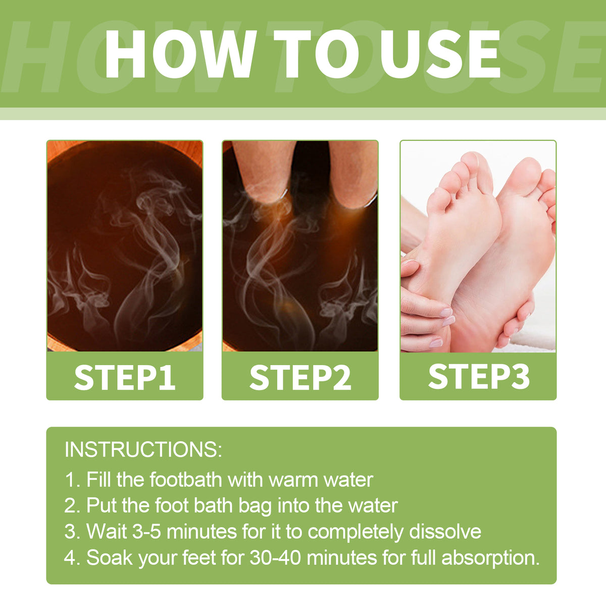 An instructional graphic detailing three steps for a foot bath, showing steaming water and soaked feet.