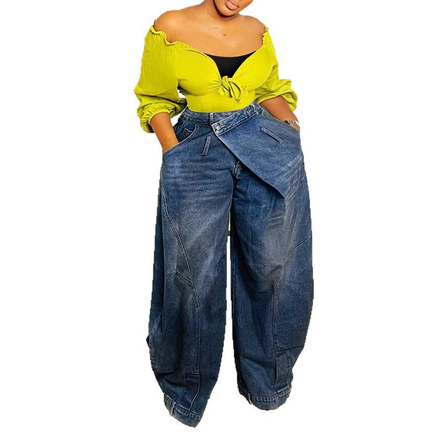 Women’s retro distressed washed and reversed waist jeans by Plush Fashion Hub, showcasing a stylish, vintage-inspired denim design.