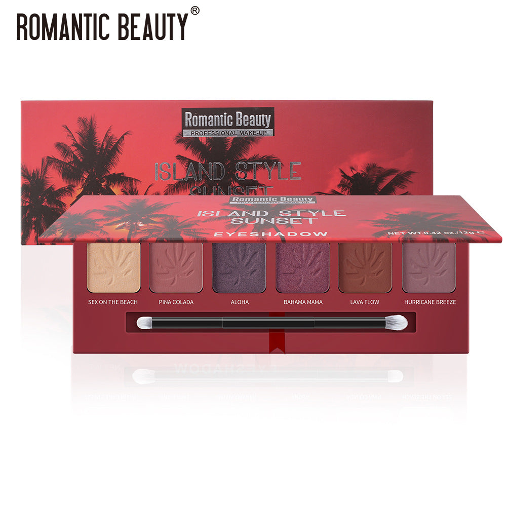 Romantic Beauty Island Style Sunset eyeshadow palette featuring six shades with palm leaf embossments and a double-ended brush.