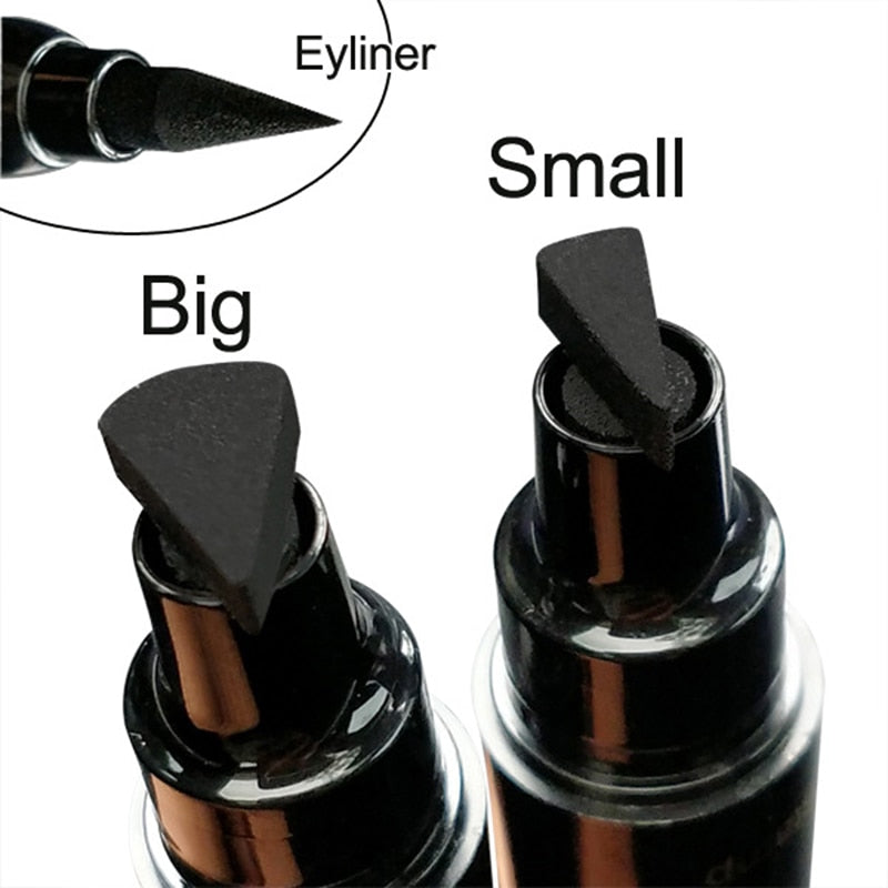 Two black winged eyeliner stamp pens, labeled "Big" and "Small," shown alongside an inset eyeliner tip.