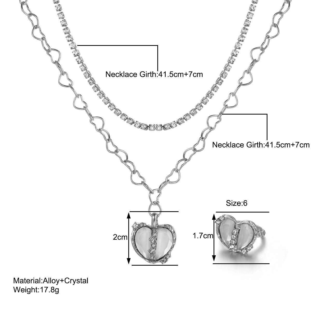 A silver jewelry set featuring two necklaces and a ring, detailed with size and dimension overlays.