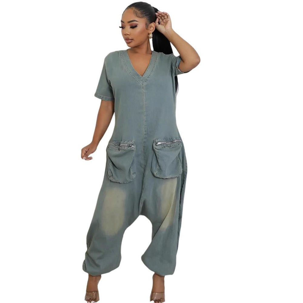 Women’s peacock blue loose fit denim overalls with front pockets, casual washed denim style by Plush Fashion Hub.