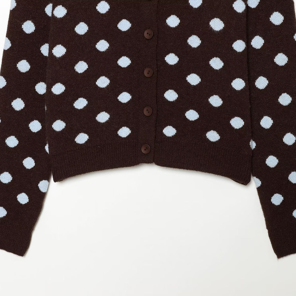 Brown knit cardigan with light blue polka dots, button-front closure, and ribbed hem and cuffs.