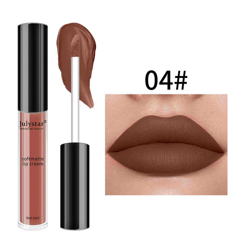 Julystar soft matte lip cream in shade 04#, brown liquid lipstick with swatch and applicator, and lips wearing it.