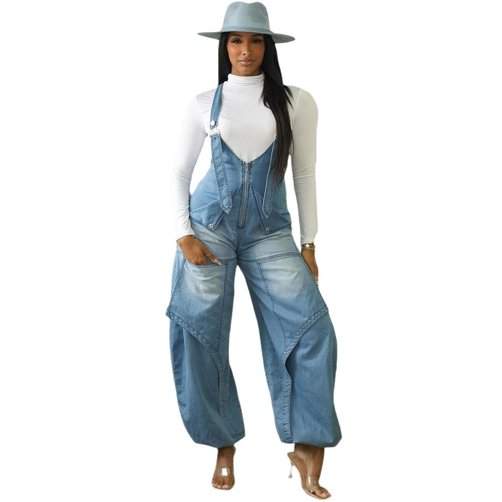 Women's denim overalls by Plush Fashion Hub featuring a casual street style with zipper detail and wide-leg fit.