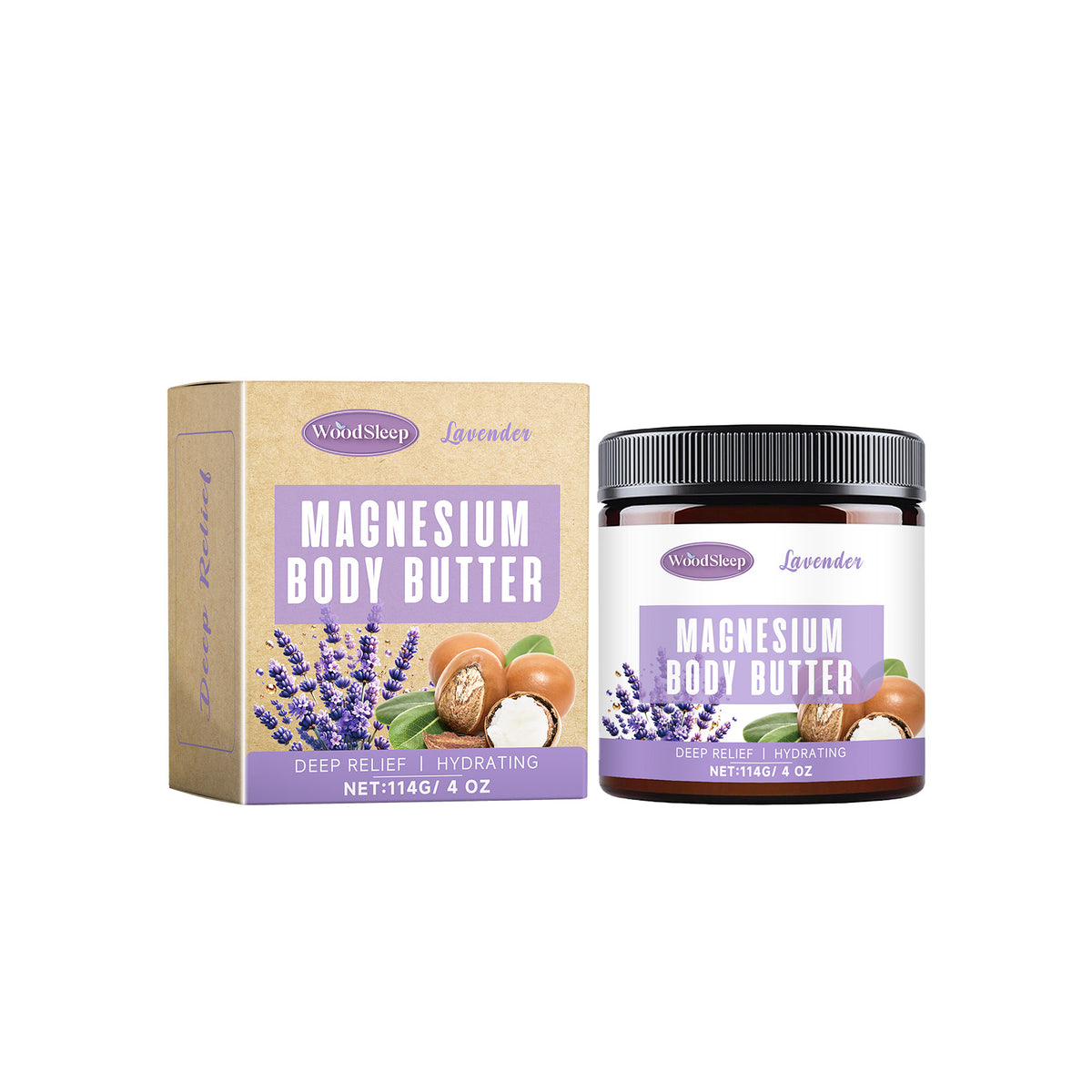 Lavender Magnesium Body Butter in a plastic jar with black lid, beside a matching cardboard box with lavender and shea.