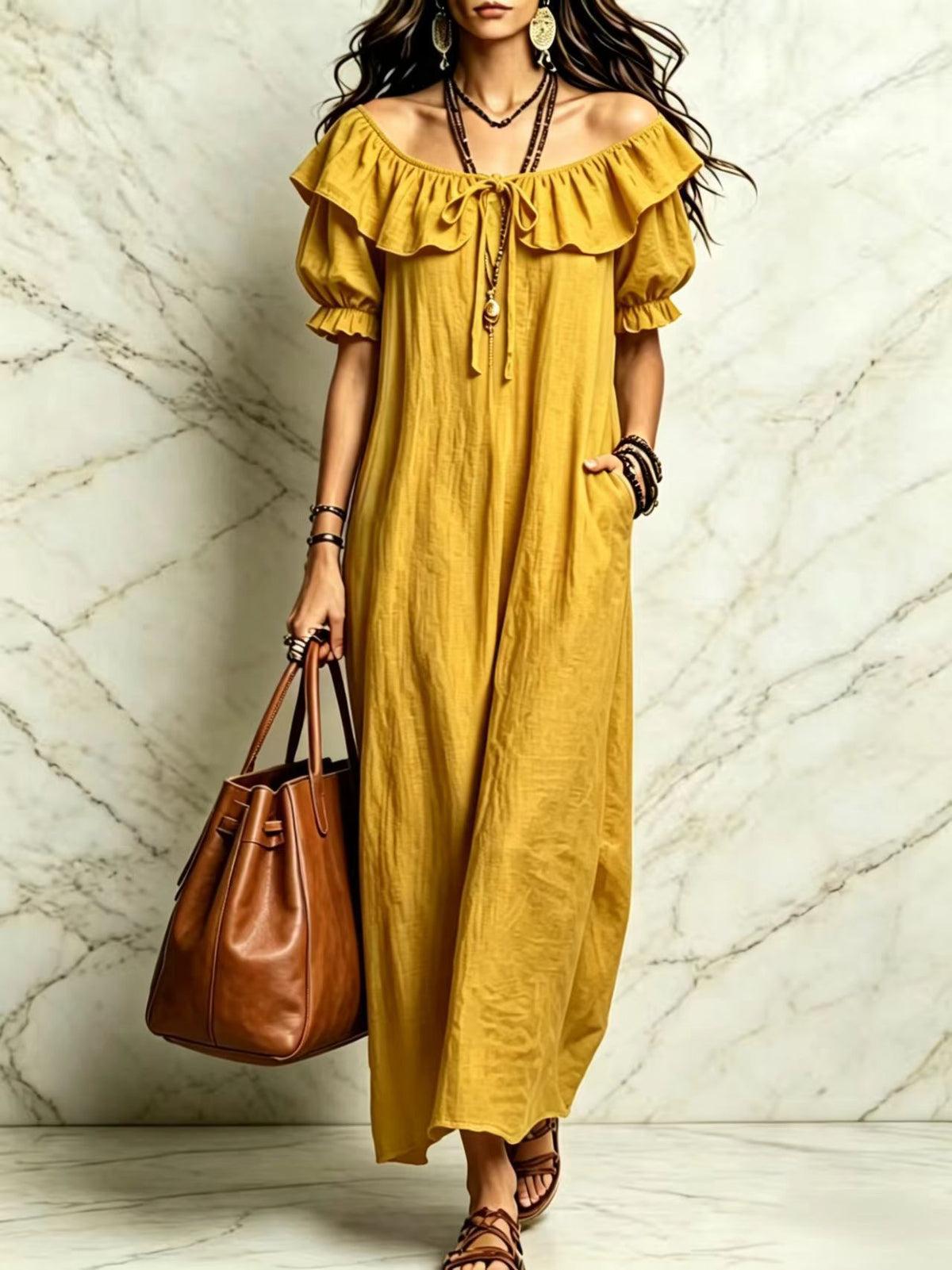 Casual elegant round neck ruffle beach vacation dress for women by eprolo, featuring a flowing design and stylish ruffle details.