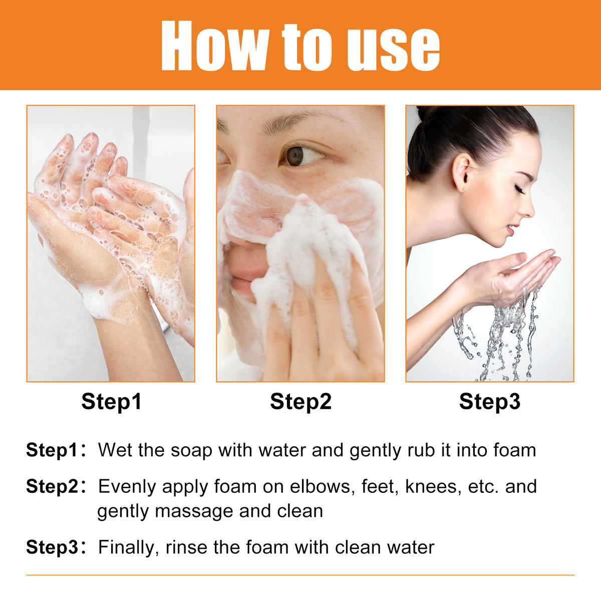 Three-step guide showing soapy hands, foaming face application, and rinsing with water.