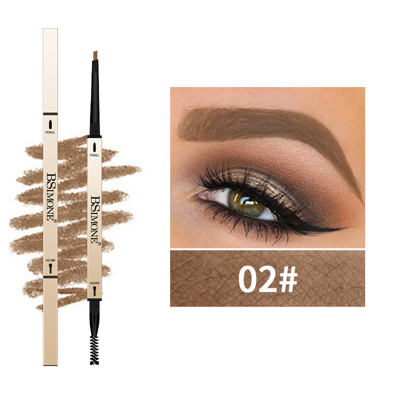 BSIMONE double-ended brow pencil in shade 02, featuring a cream-colored body, brown swatch, and brow application.