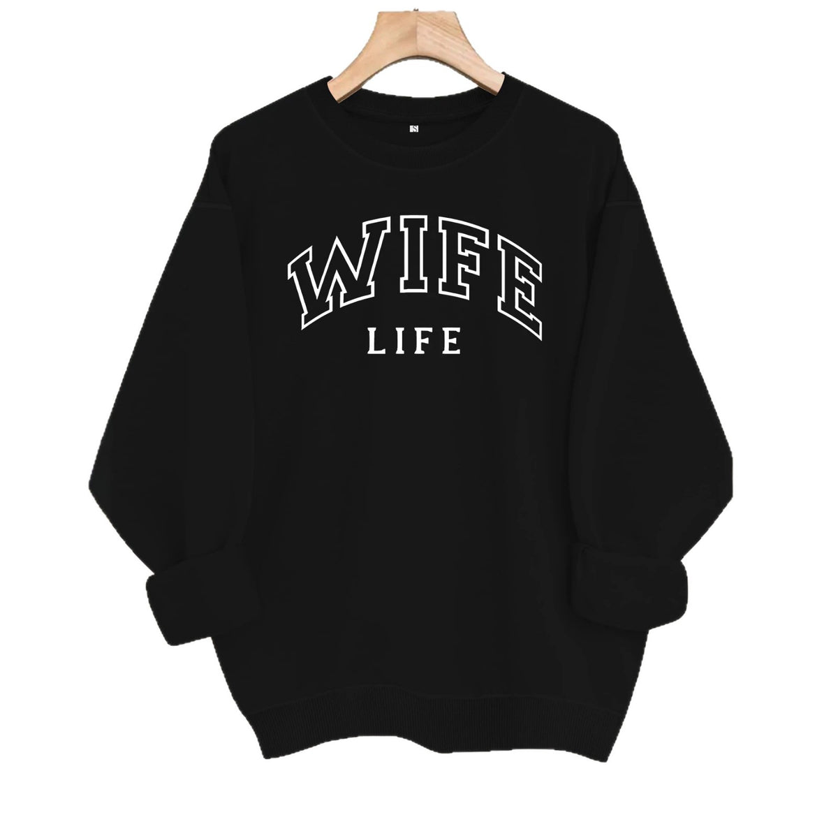 Black crewneck sweatshirt with "WIFE LIFE" in white collegiate-style lettering across the chest.