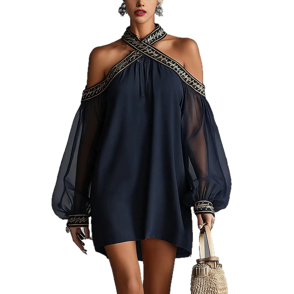 Embroidered strapless off-shoulder sheer lantern sleeve dress by Plush Fashion Hub, showcasing intricate embroidery and flowing silhouette.