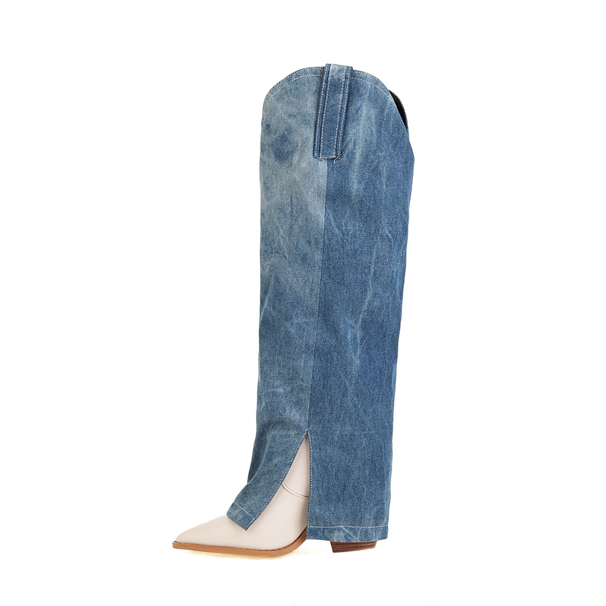 Blue denim cowboy boot with front slit, pull tabs, pointed toe, and white leather inner boot.