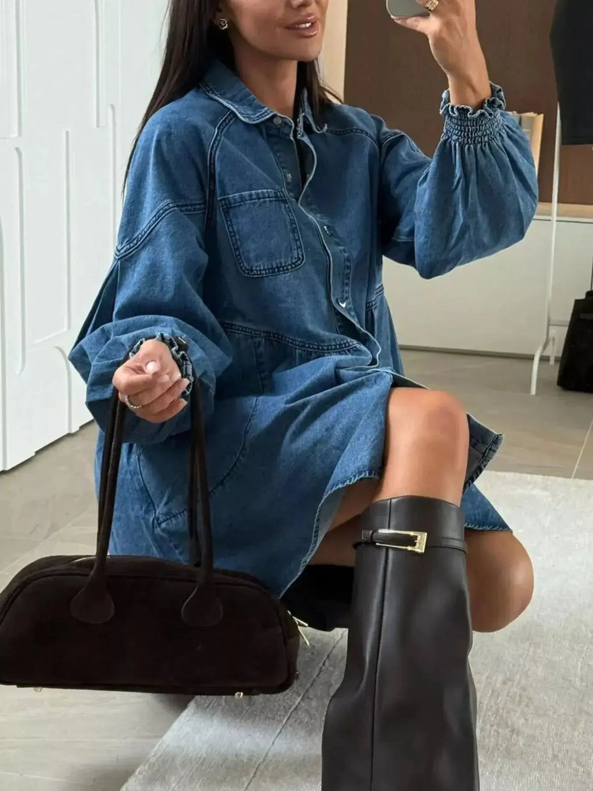 Plush Fashion Hub casual blue denim mini dress with button-down front and front pockets, perfect for everyday wear.