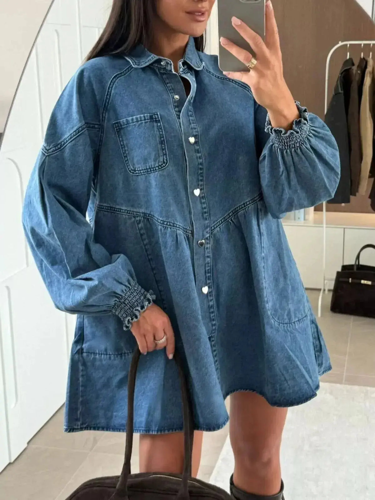 Casual blue mini denim dress with button-down front and front pockets, by Plush Fashion Hub, styled for everyday wear.