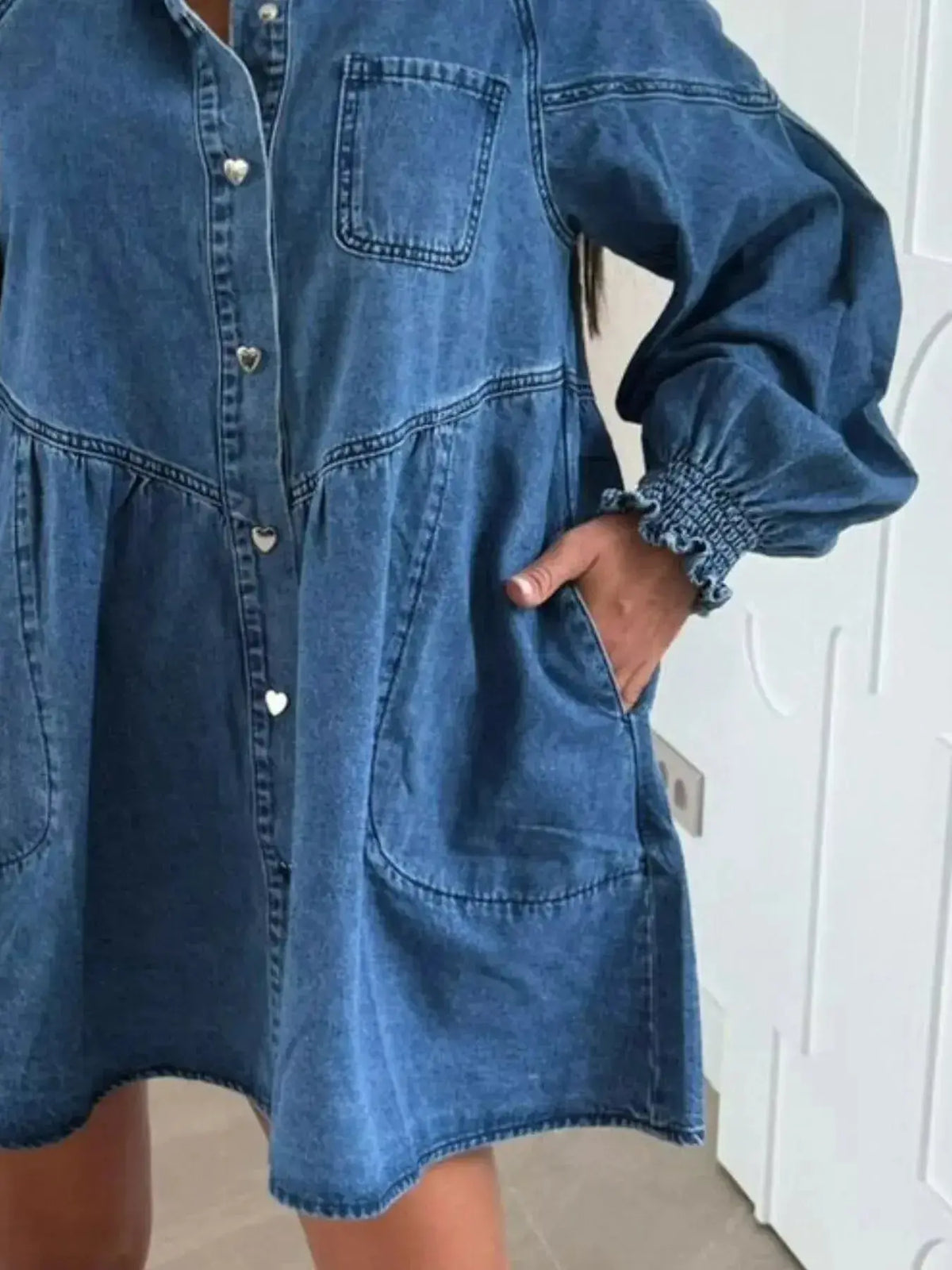 Plush Fashion Hub casual mini denim dress with button-down front and front pockets, perfect for everyday wear.