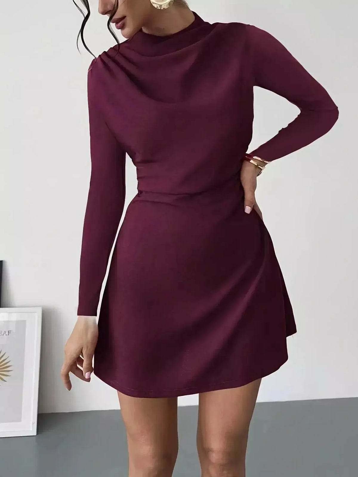 Plush Fashion Hub chic mock neck long sleeve mini dress, soft stretchy casual fitted dress, perfect for stylish everyday wear.