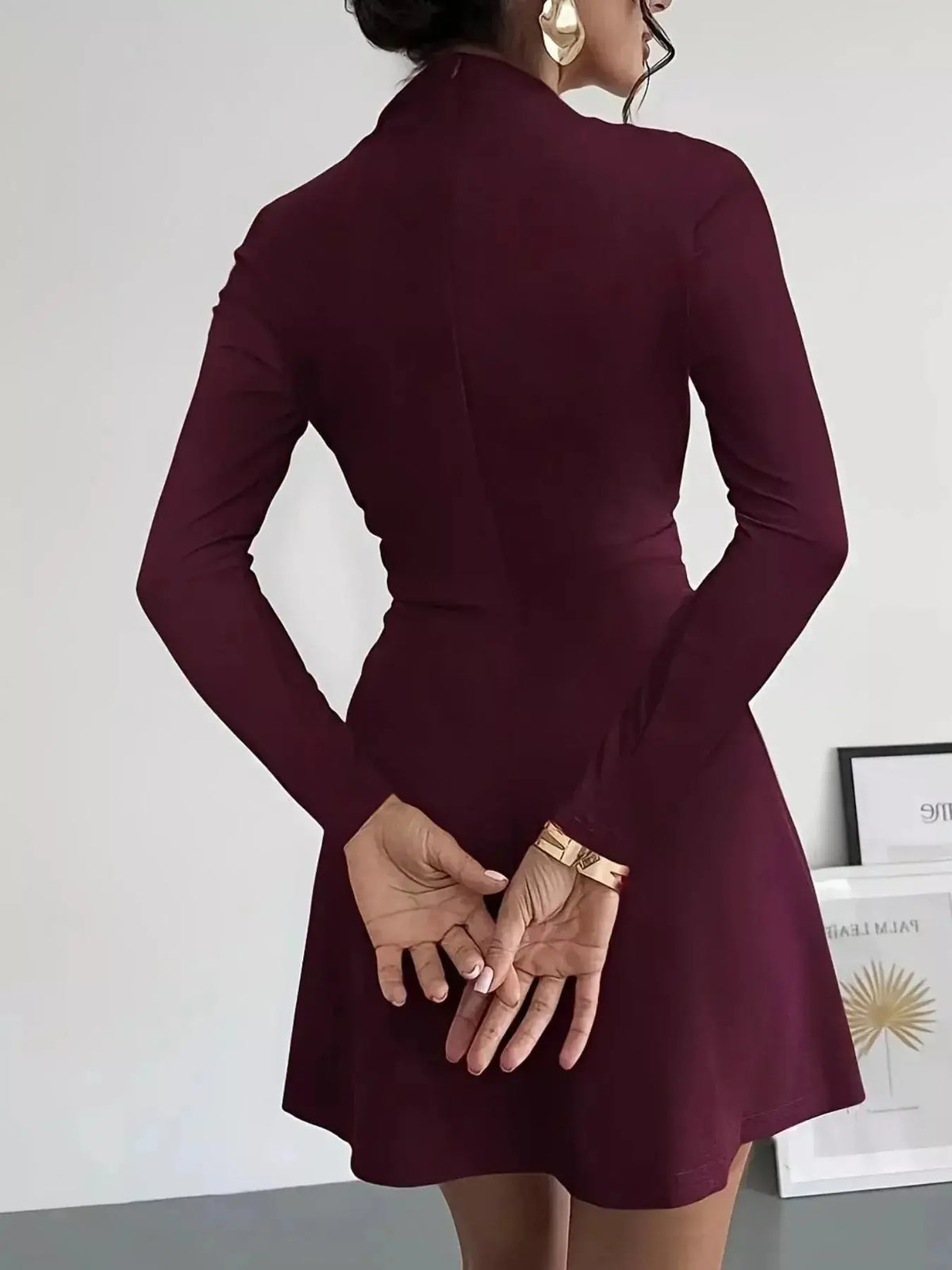 Plush Fashion Hub chic mock neck long sleeve mini dress, soft stretchy casual fitted dress with a stylish silhouette.