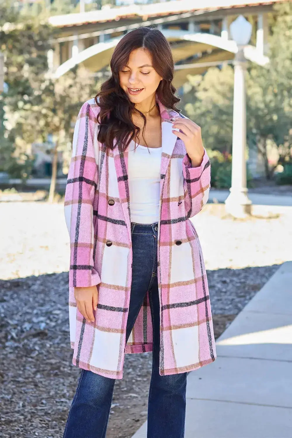 Women’s classic plaid button-up lapel coat by Plush Fashion Hub featuring a wool-feel outerwear design, ideal for seasonal layering.