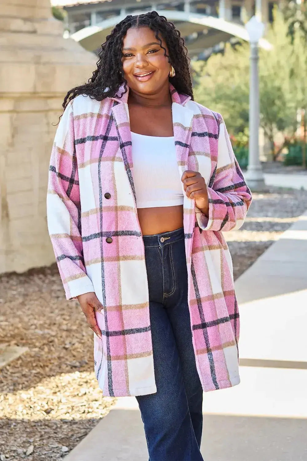 Women’s plaid button-up lapel coat by Plush Fashion Hub, seasonal wool-feel outerwear with classic plaid pattern and tailored design.