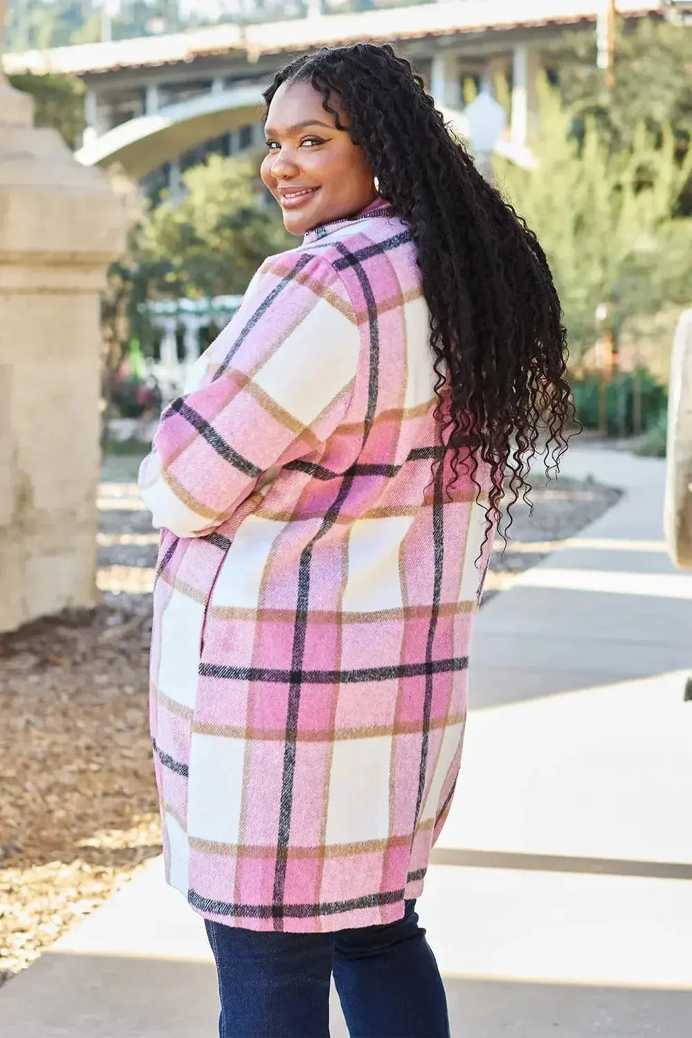 Women’s classic plaid button-up lapel coat by Plush Fashion Hub featuring a wool-feel outer layer and seasonal stylish design.