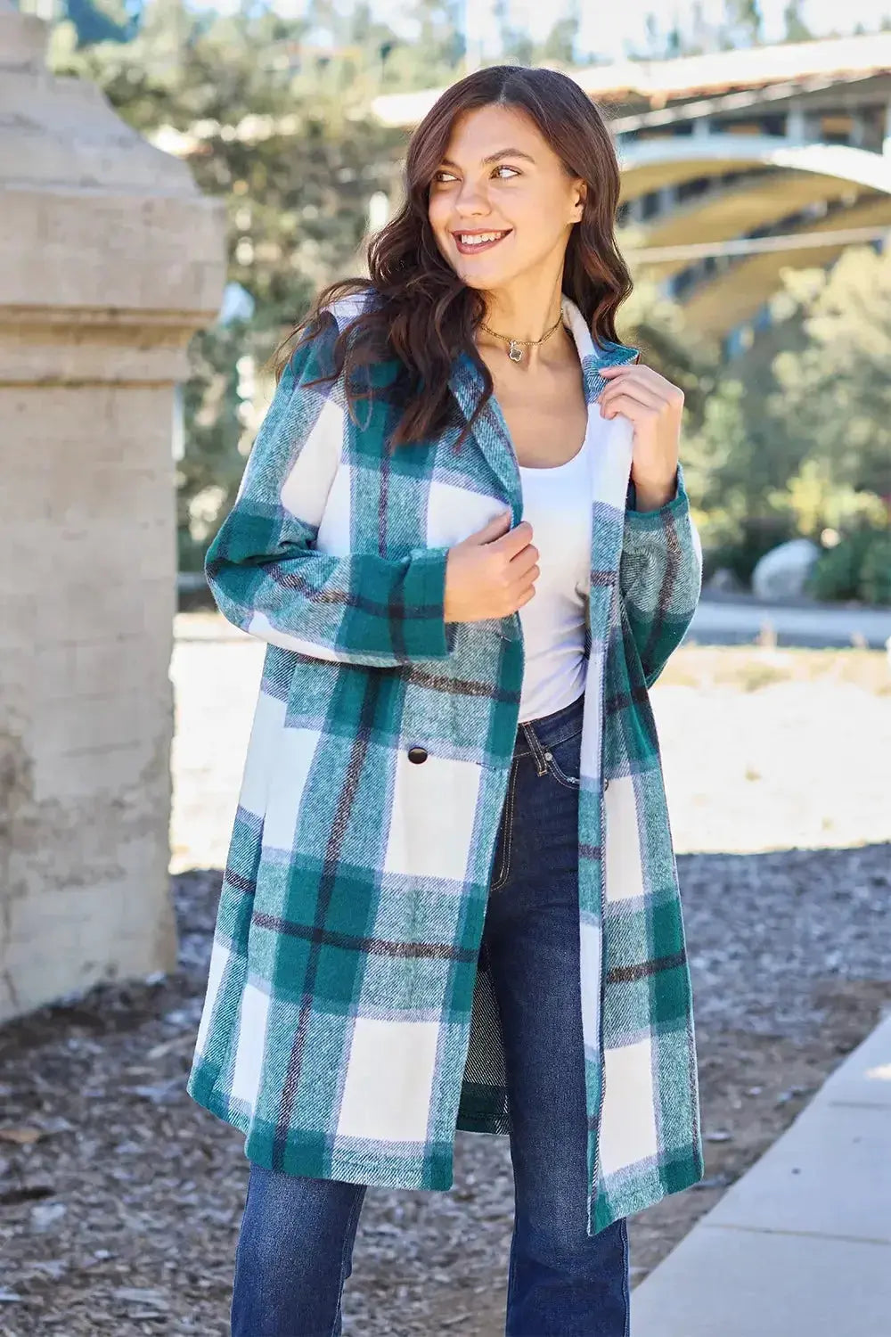 Women’s classic plaid button-up lapel coat by Plush Fashion Hub, seasonal wool-feel outerwear with a stylish, timeless design.