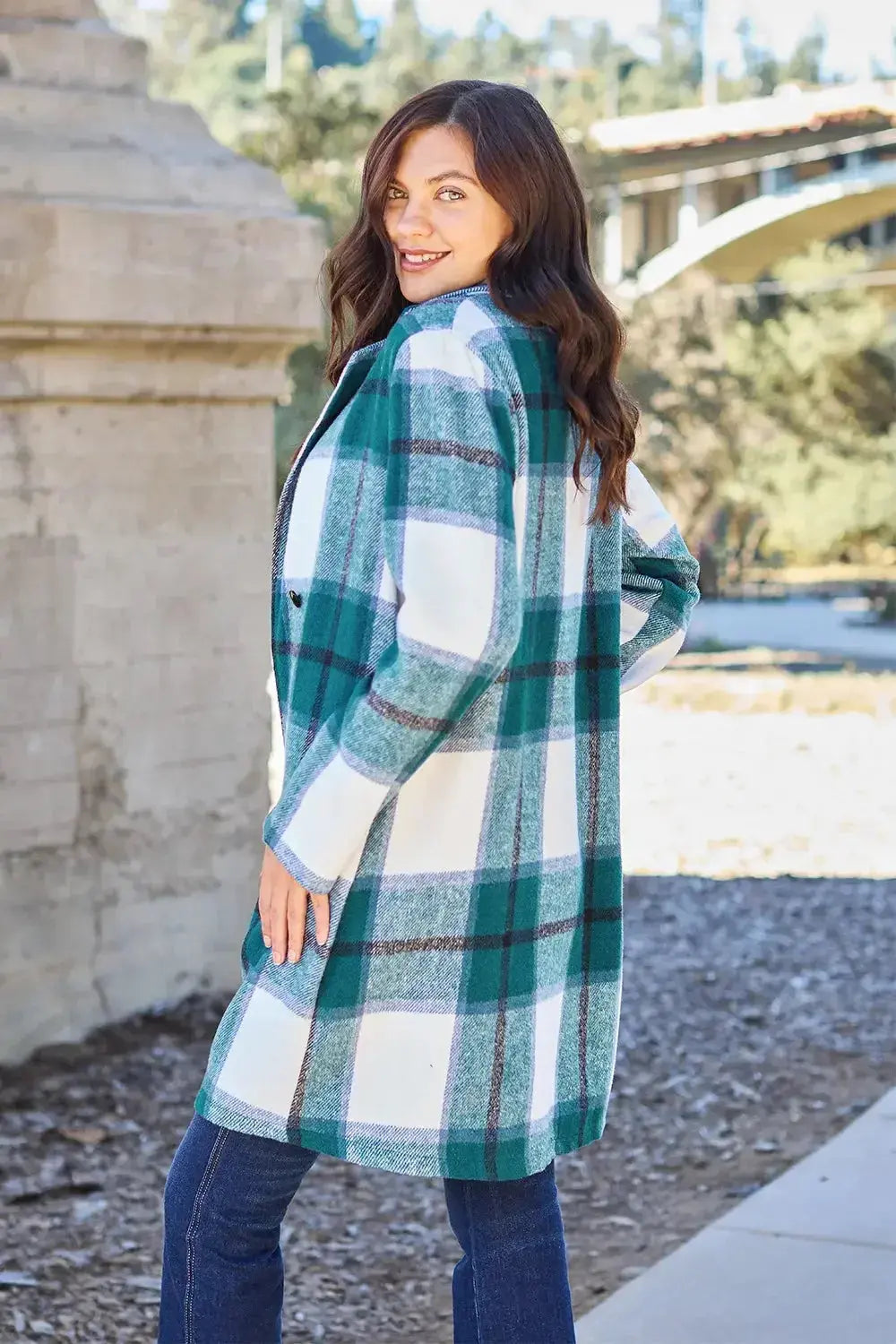 Women’s classic plaid button-up lapel coat by Plush Fashion Hub, seasonal wool-feel outerwear with stylish plaid pattern and tailored fit.